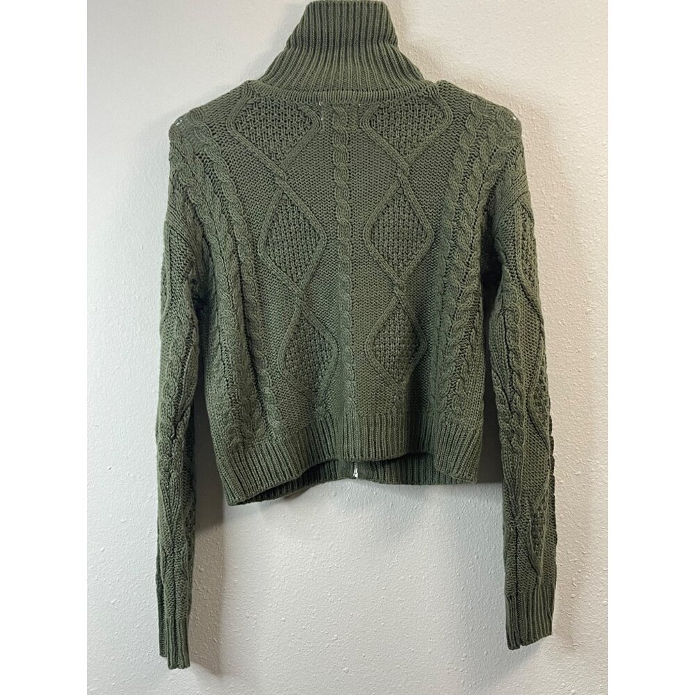 Olive Green Cropped Cable Knit Sweater With Diamond Pattern & Full Zipper - Picture 4 of 10